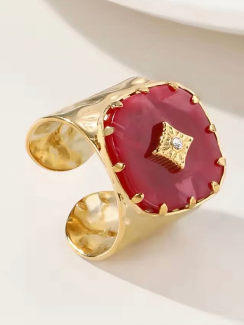 Gold Ring with Red Enamel and Center Crystal